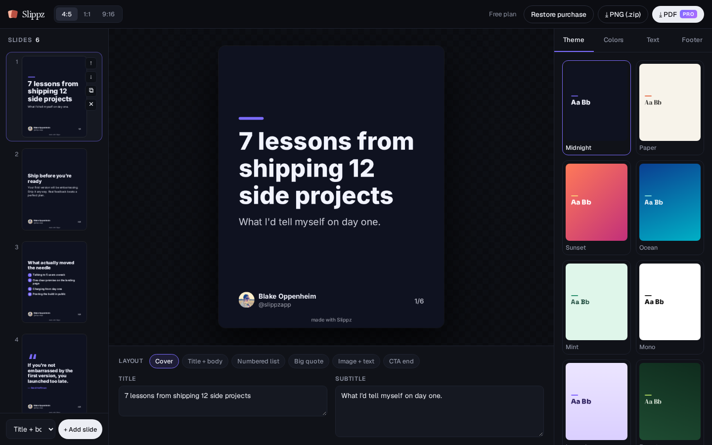The Slippz editor with slide list, live preview and design panel